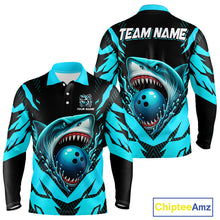 Load image into Gallery viewer, Black and Blue Mens bowling shirts Custom Blue Shark bowling team  jerseys, gifts for bowlers NQS9991
