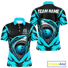 Load image into Gallery viewer, Black and Blue Mens bowling shirts Custom Blue Shark bowling team  jerseys, gifts for bowlers NQS9991