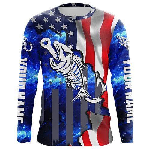 American flag fishing Fish hook skull reaper blue Custom Name sun protection fishing shirts NQS3492