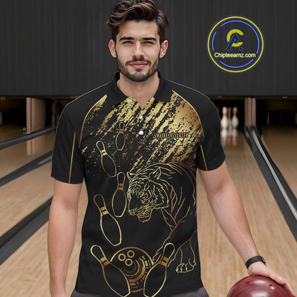 Personalized Black and Gold Tiger Bowling Polo, Quarter Zip Shirts For Men Custom Bowling Team Jersey NQS10281