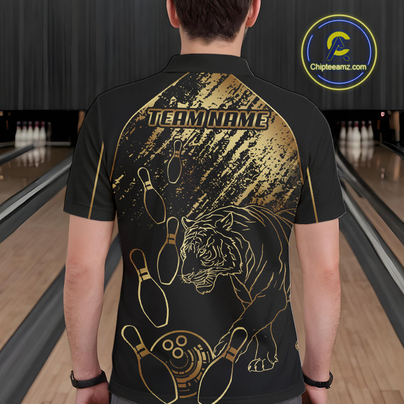 Personalized Black and Gold Tiger Bowling Polo, Quarter Zip Shirts For Men Custom Bowling Team Jersey NQS10281