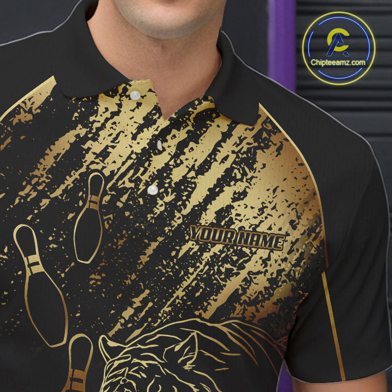 Personalized Black and Gold Tiger Bowling Polo, Quarter Zip Shirts For Men Custom Bowling Team Jersey NQS10281