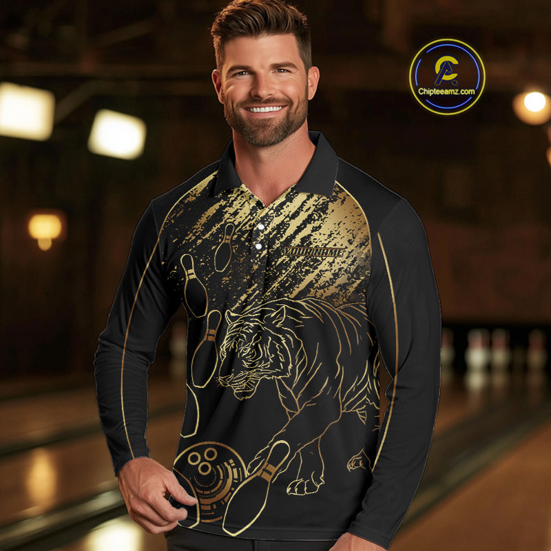 Personalized Black and Gold Tiger Bowling Polo, Quarter Zip Shirts For Men Custom Bowling Team Jersey NQS10281