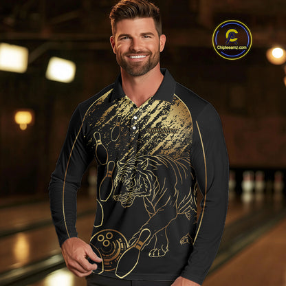 Personalized Black and Gold Tiger Bowling Polo, Quarter Zip Shirts For Men Custom Bowling Team Jersey NQS10281