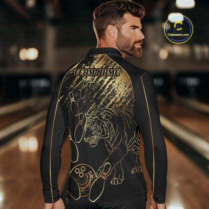Personalized Black and Gold Tiger Bowling Polo, Quarter Zip Shirts For Men Custom Bowling Team Jersey NQS10281