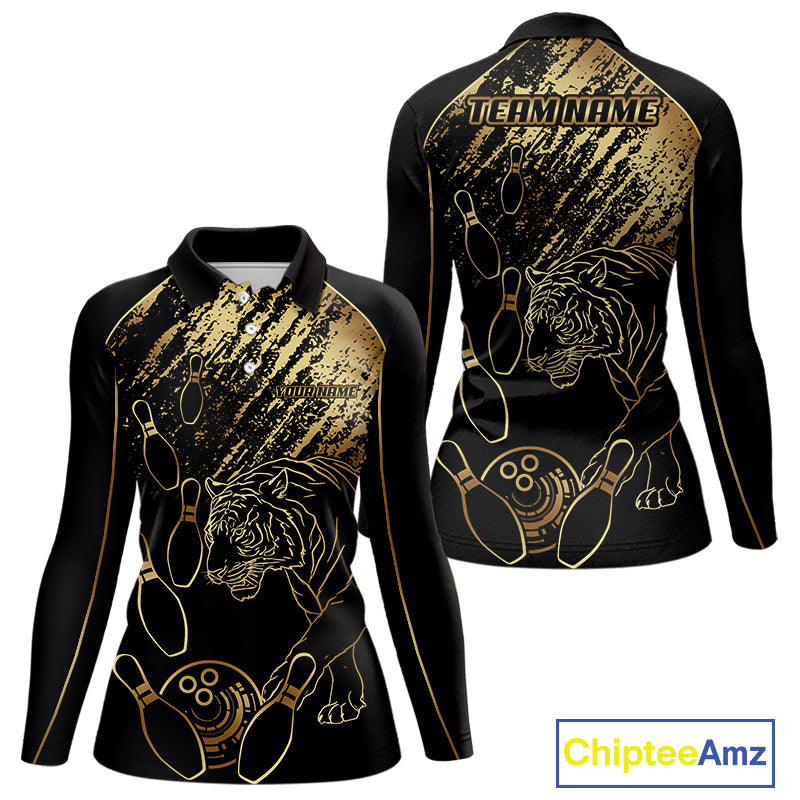 Personalized Black & Gold Tiger Bowling Polo, Quarter Zip Shirts For Women Custom Bowling Team Jersey NQS10281