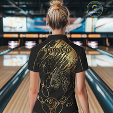 Load image into Gallery viewer, Personalized Black &amp; Gold Tiger Bowling Polo, Quarter Zip Shirts For Women Custom Bowling Team Jersey NQS10281
