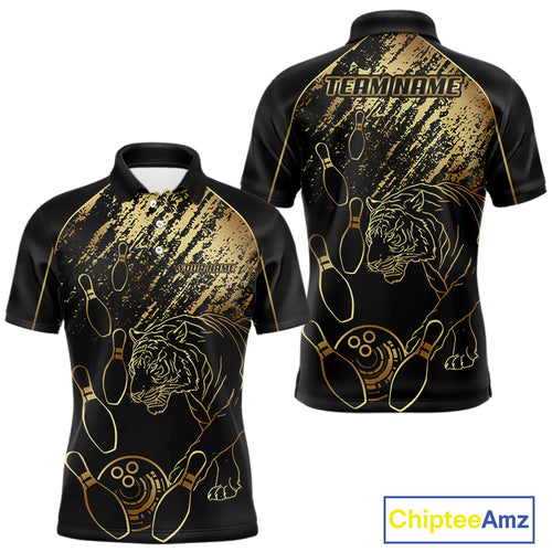 Personalized Black and Gold Tiger Bowling Polo, Quarter Zip Shirts For Men Custom Bowling Team Jersey NQS10281