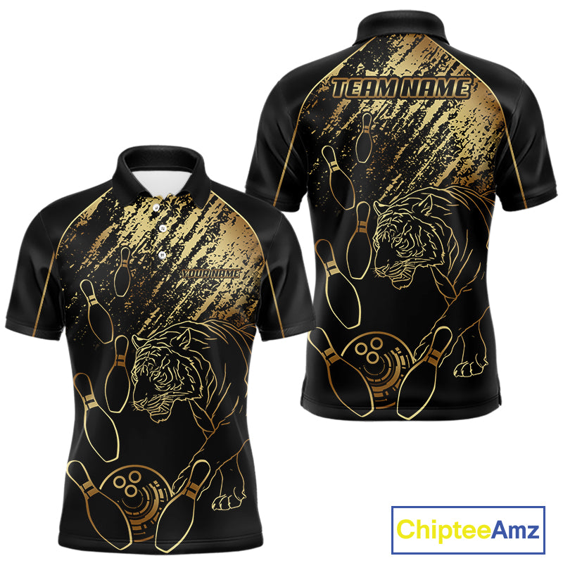 Personalized Black and Gold Tiger Bowling Polo, Quarter Zip Shirts For Men Custom Bowling Team Jersey NQS10281