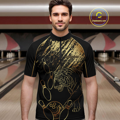 Personalized Black and Gold Tiger Bowling Polo, Quarter Zip Shirts For Men Custom Bowling Team Jersey NQS10281