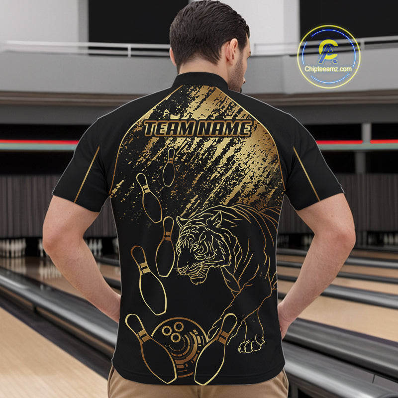 Personalized Black and Gold Tiger Bowling Polo, Quarter Zip Shirts For Men Custom Bowling Team Jersey NQS10281