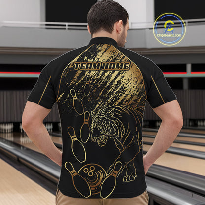 Personalized Black and Gold Tiger Bowling Polo, Quarter Zip Shirts For Men Custom Bowling Team Jersey NQS10281