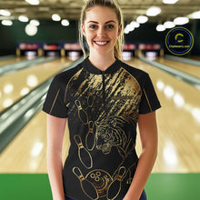 Load image into Gallery viewer, Personalized Black &amp; Gold Tiger Bowling Polo, Quarter Zip Shirts For Women Custom Bowling Team Jersey NQS10281