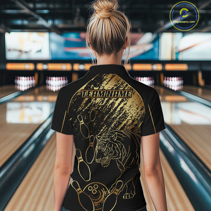 Personalized Black & Gold Tiger Bowling Polo, Quarter Zip Shirts For Women Custom Bowling Team Jersey NQS10281