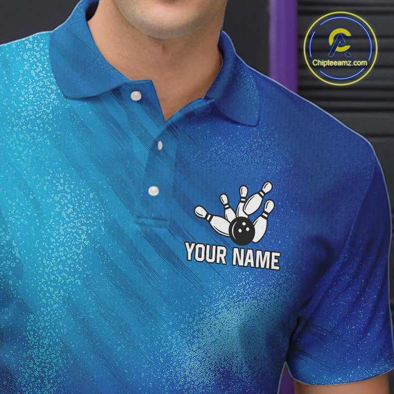 Custom Blue Bowling Team Mens Polo, Quarter-Zip Shirts, custom bowling jersey with name NQS10282