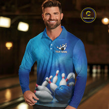 Load image into Gallery viewer, Custom Blue Bowling Team Mens Polo, Quarter-Zip Shirts, custom bowling jersey with name NQS10282