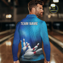 Load image into Gallery viewer, Custom Blue Bowling Team Mens Polo, Quarter-Zip Shirts, custom bowling jersey with name NQS10282