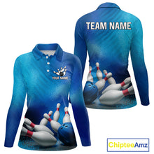 Load image into Gallery viewer, Custom Blue Bowling Team Women Polo, Quarter-Zip Shirts, custom bowling jersey with name NQS10282