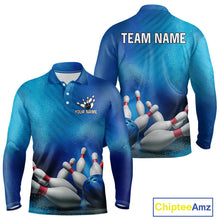 Load image into Gallery viewer, Custom Blue Bowling Team Mens Polo, Quarter-Zip Shirts, custom bowling jersey with name NQS10282