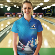 Load image into Gallery viewer, Custom Blue Bowling Team Women Polo, Quarter-Zip Shirts, custom bowling jersey with name NQS10282