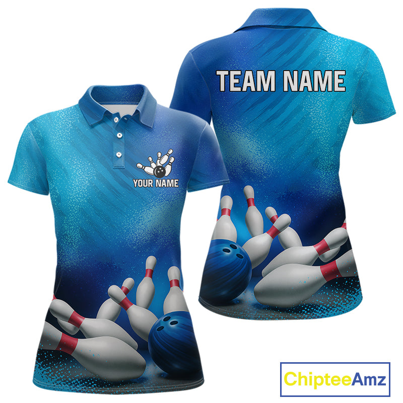 Custom Blue Bowling Team Women Polo, Quarter-Zip Shirts, custom bowling jersey with name NQS10282