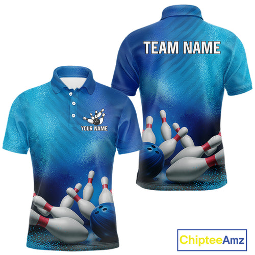 Custom Blue Bowling Team Mens Polo, Quarter-Zip Shirts, custom bowling jersey with name NQS10282