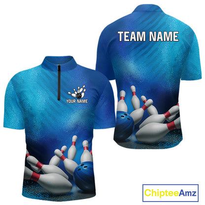 Custom Blue Bowling Team Mens Polo, Quarter-Zip Shirts, custom bowling jersey with name NQS10282