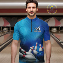 Load image into Gallery viewer, Custom Blue Bowling Team Mens Polo, Quarter-Zip Shirts, custom bowling jersey with name NQS10282