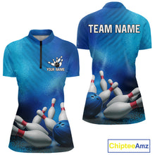 Load image into Gallery viewer, Custom Blue Bowling Team Women Polo, Quarter-Zip Shirts, custom bowling jersey with name NQS10282
