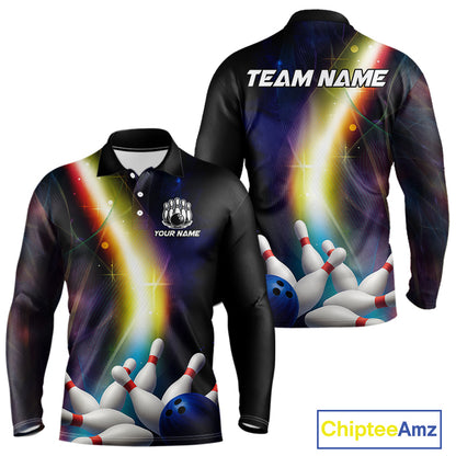 Custom Rainbow Lights Bowling Polo, 1/4 Zip Shirt For Men, Personalized bowling team jersey with name NQS10283