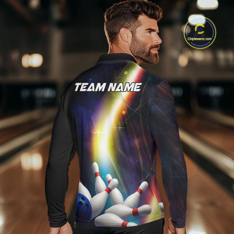 Custom Rainbow Lights Bowling Polo, 1/4 Zip Shirt For Men, Personalized bowling team jersey with name NQS10283