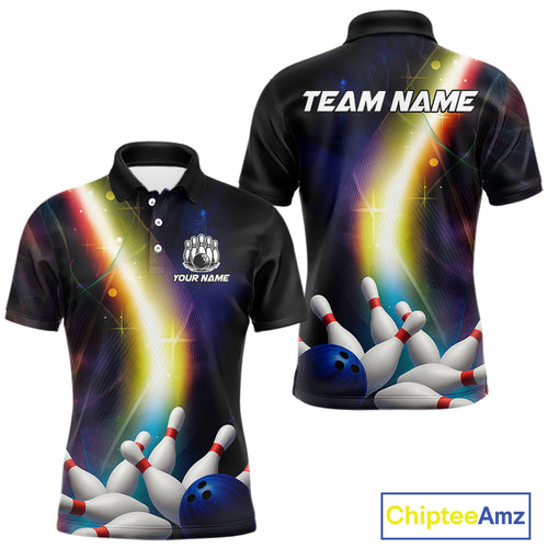 Custom Rainbow Lights Bowling Polo, 1/4 Zip Shirt For Men, Personalized bowling team jersey with name NQS10283