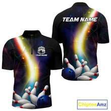 Load image into Gallery viewer, Custom Rainbow Lights Bowling Polo, 1/4 Zip Shirt For Men, Personalized bowling team jersey with name NQS10283