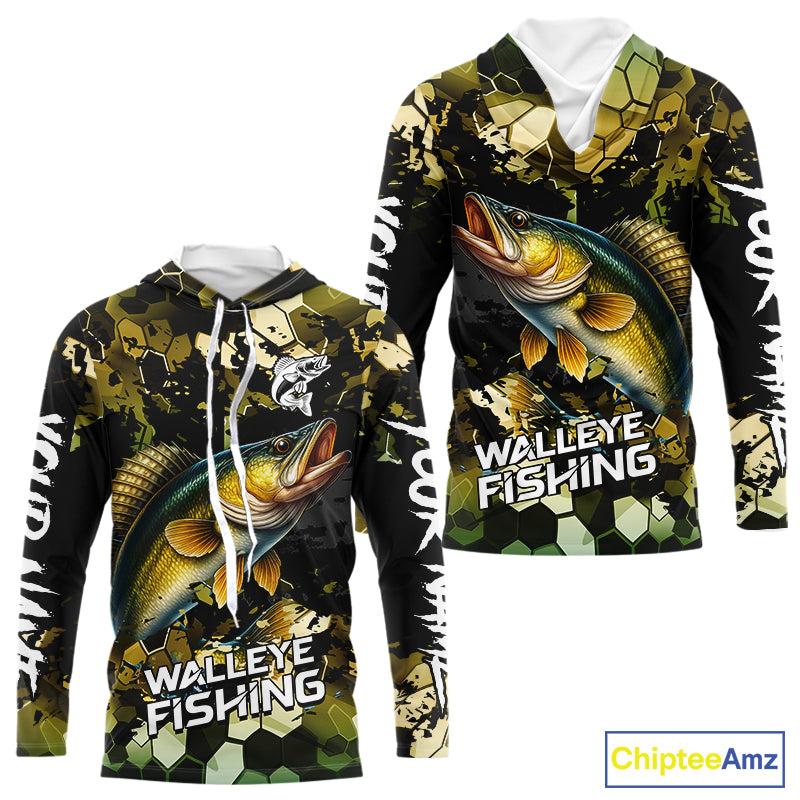 Yellow Camo Walleye fishing sun shirts custom name fishing shirts long sleeve uv protection NQS10285