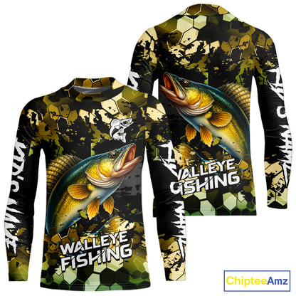 Yellow Camo Walleye fishing sun shirts custom name fishing shirts long sleeve uv protection NQS10285