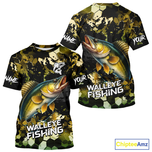 Yellow Camo Walleye fishing sun shirts custom name fishing shirts long sleeve uv protection NQS10285