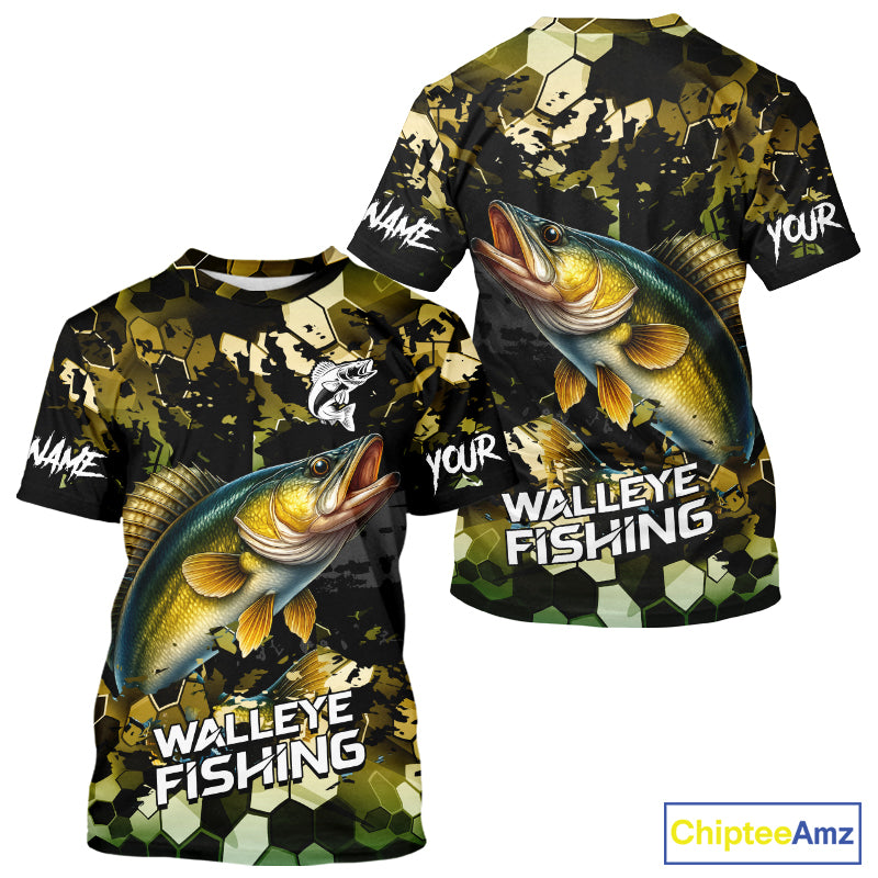 Yellow Camo Walleye fishing sun shirts custom name fishing shirts long sleeve uv protection NQS10285