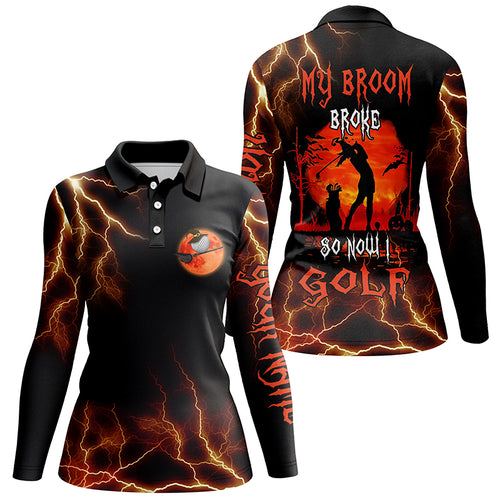 Funny black lightning Halloween golf shirt custom women golf polo shirt My broom broke so now I golf NQS6172