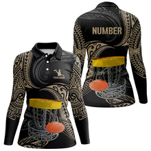 Load image into Gallery viewer, Womens disc golf polo shirts custom name, number black tribal disc golf shirt, disc golf outfit NQS6175