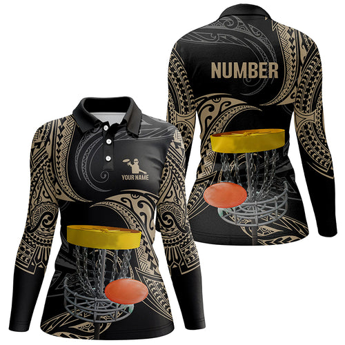 Womens disc golf polo shirts custom name, number black tribal disc golf shirt, disc golf outfit NQS6175