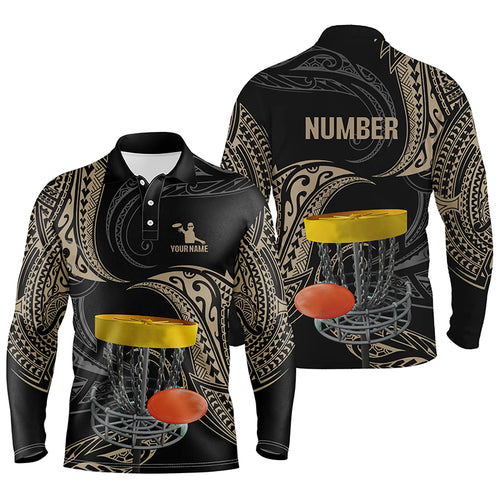 Mens disc golf polo shirts custom name, number black tribal disc golf shirt, disc golf outfit NQS6175