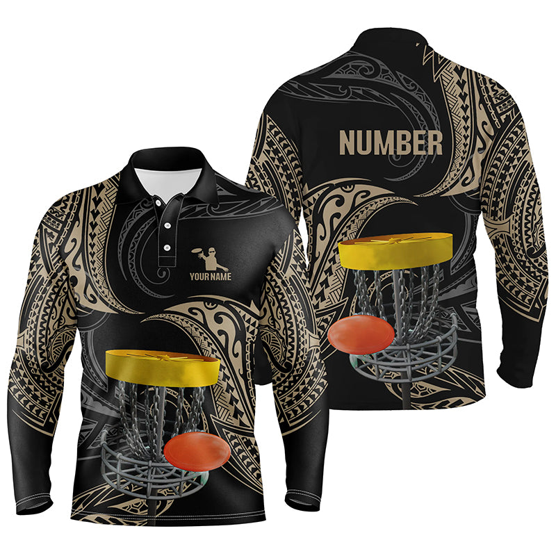 Mens disc golf polo shirts custom name, number black tribal disc golf shirt, disc golf outfit NQS6175