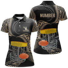 Load image into Gallery viewer, Womens disc golf polo shirts custom name, number black tribal disc golf shirt, disc golf outfit NQS6175