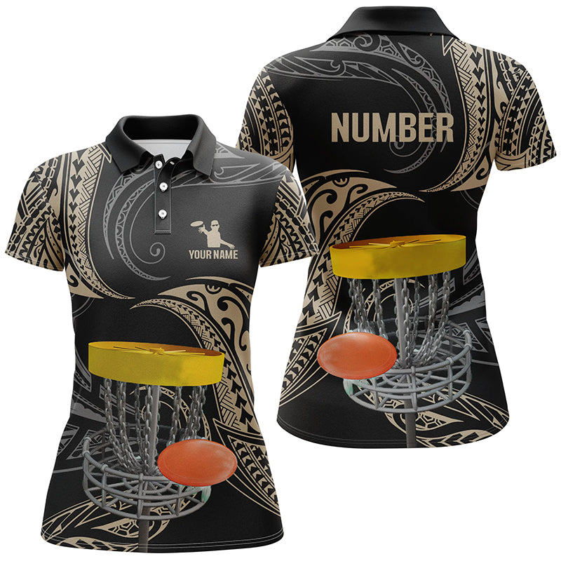 Womens disc golf polo shirts custom name, number black tribal disc golf shirt, disc golf outfit NQS6175