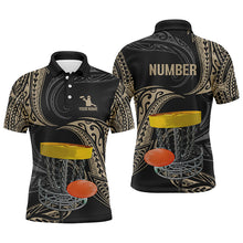 Load image into Gallery viewer, Mens disc golf polo shirts custom name, number black tribal disc golf shirt, disc golf outfit NQS6175