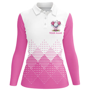 White and Pink argyle plaid pattern Women's custom golf shirts, personalized golf gifts for ladies NQS8310