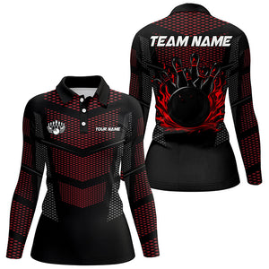 Black And Red Strike Bowling Polo, 1/4 zip Shirts For Women, Custom Name Bowling Team Jerseys NQS8314