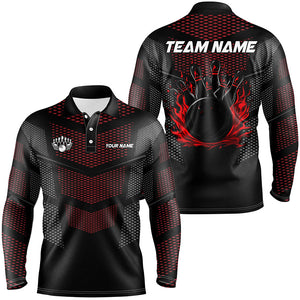 Black And Red Strike Bowling Polo, 1/4 zip Shirts For Men, Custom Name Bowling Team Jerseys NQS8314