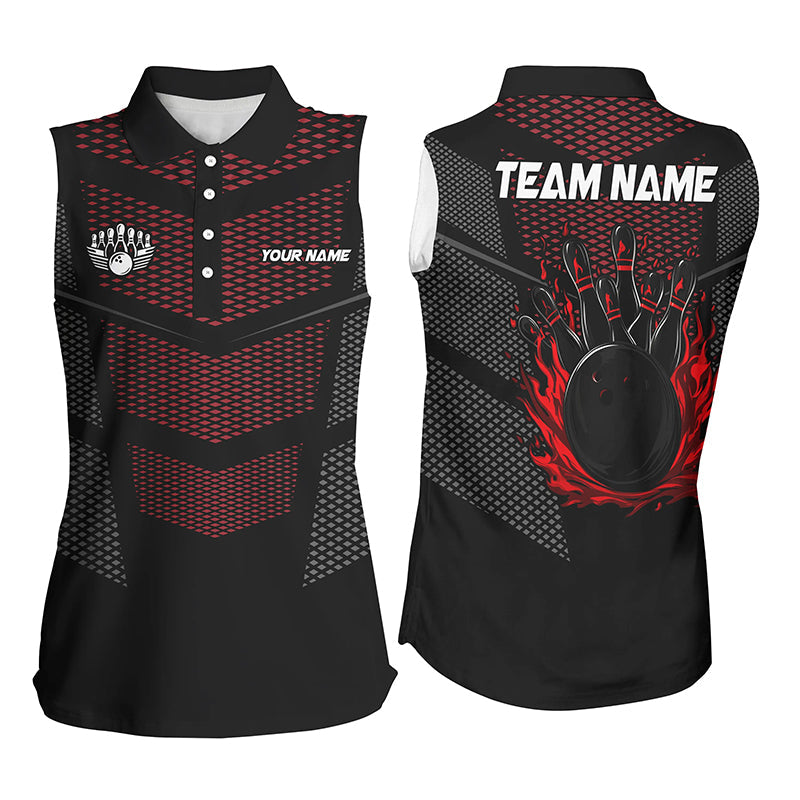 Black And Red Strike Bowling Sleeveless Polo Shirts For Women, Custom Name Bowling Team Jerseys NQS8314