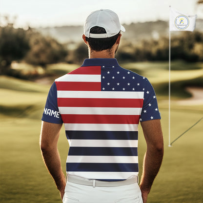 Custom American Flag Golf Polo Shirts For Men, Personalized Patriotic Mens Golf attire NQS10500